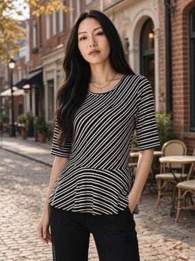 Apt. 9 Petite Black White Striped Peplum Top Stretch Knit Women's PS